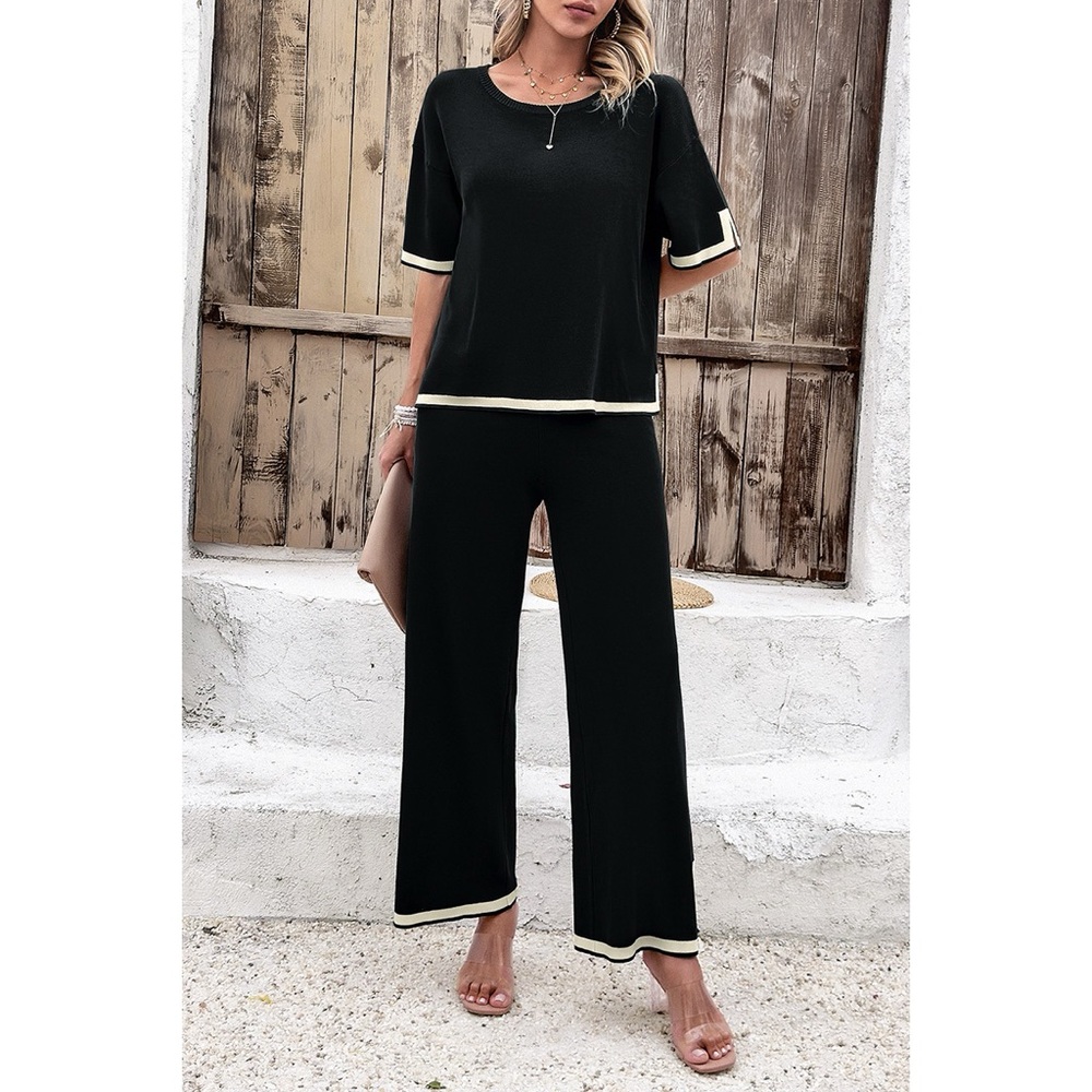Two Pieces Outfits Knit Short Sleeve Wide Leg Lounge Sets - Picture 4 of 13